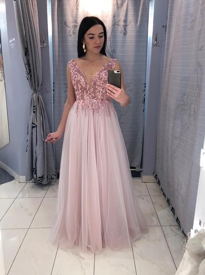 A-Line V-Neck Floor-Length Pink Prom Party Dress with Sequins DML69