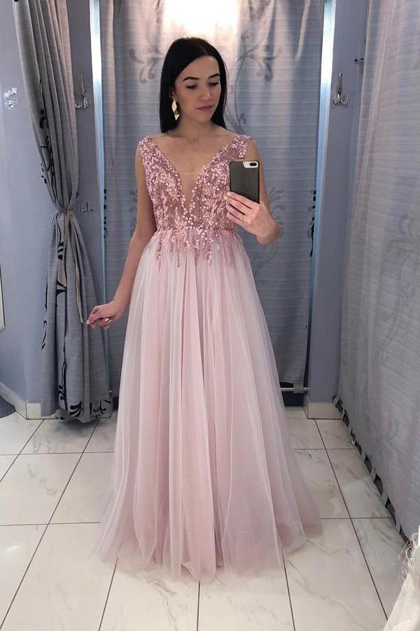 A-Line V-Neck Floor-Length Pink Prom Party Dress with Sequins DML69