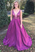 A-Line V-Neck Sweep Train Fuchsia Prom Dress with Beading Pockets DML87