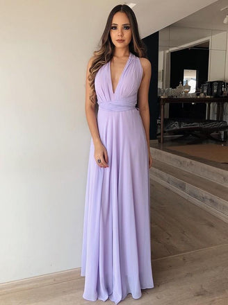A-Line V-Neck Floor-Length Lilac Chiffon Prom Bridesmaid Dress DML74