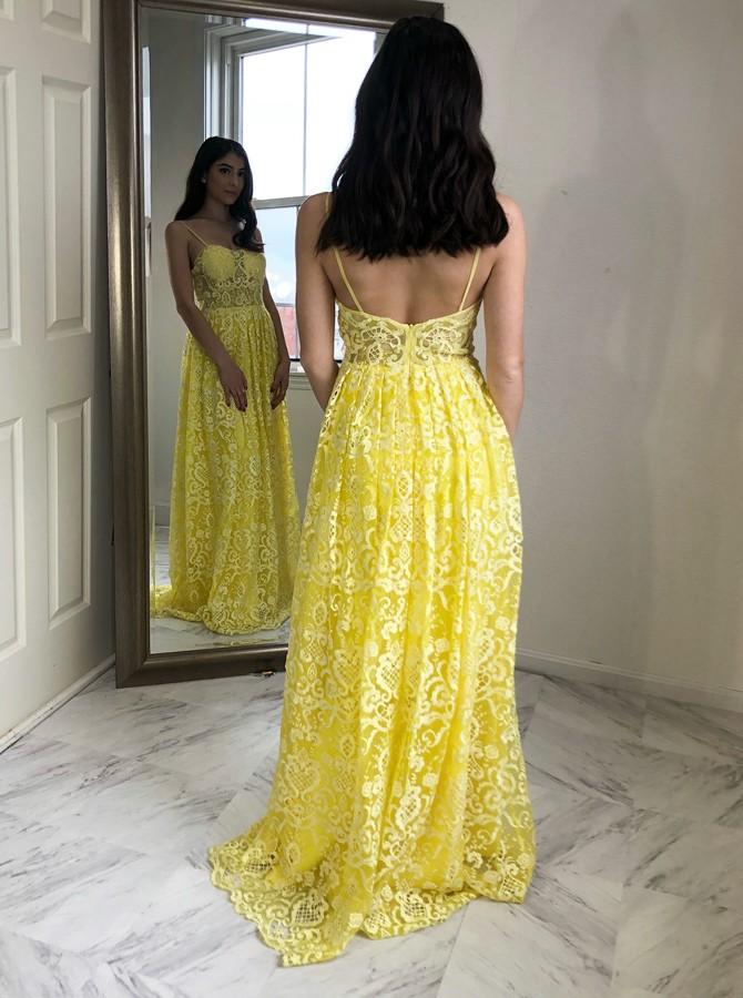 Charming A-Line Spaghetti Straps Floor-Length Yellow Lace Prom Dress DML73