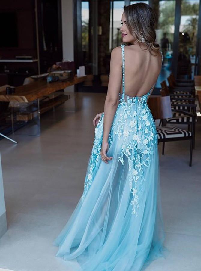 A-Line V-Neck Backless Light Blue Prom Dress with Appliques DML75