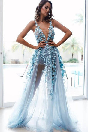 A-Line V-Neck Backless Light Blue Prom Dress with Appliques DML75