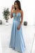 A-Line Illusion Round Neck Light Blue Satin Prom Dress with Appliques DML76
