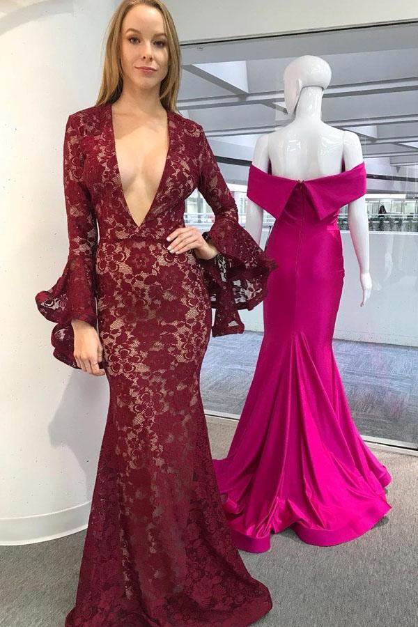 Burgundy Mermaid Deep V-Neck Long Sleeves Lace Prom Dress DML88