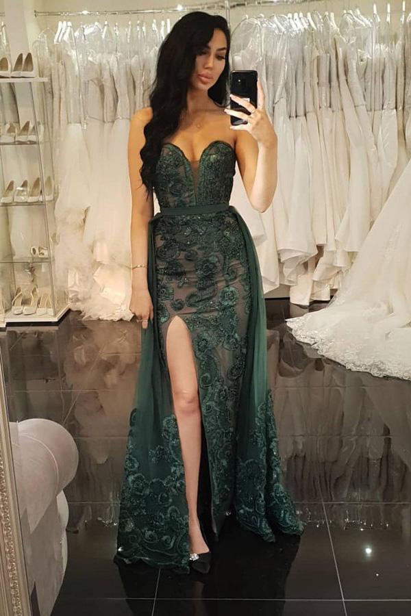 Sheath Sweetheart Dark Green Detachable Prom Dress with Appliques DML77