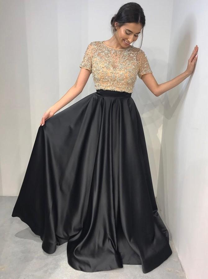 Two Piece Crew Short Sleeves Floor-Length Black Prom Dress with Beading DML89