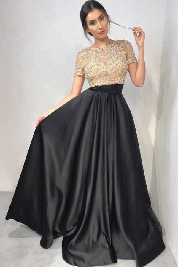 Two Piece Crew Short Sleeves Floor-Length Black Prom Dress with Beading DML89