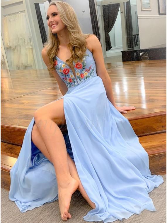 A-Line Spaghetti Straps Light Blue Chiffon Long Prom Dress with Embroidery Split DMQ92