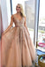 A-Line V-Neck Floor-Length Prom Dress with Appliques Beading DMQ88