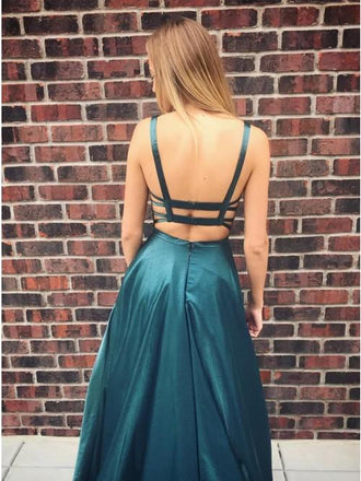A-Line Scoop Backless Sweep Train Simple Prom Dress with Pockets DMK64