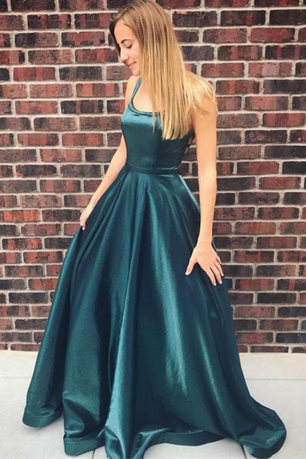 A-Line Scoop Backless Sweep Train Simple Prom Dress with Pockets DMK64