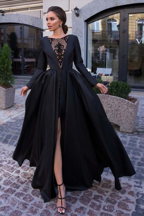 A-Line Round Neck Long Sleeves Black Long Prom Dress DMK61