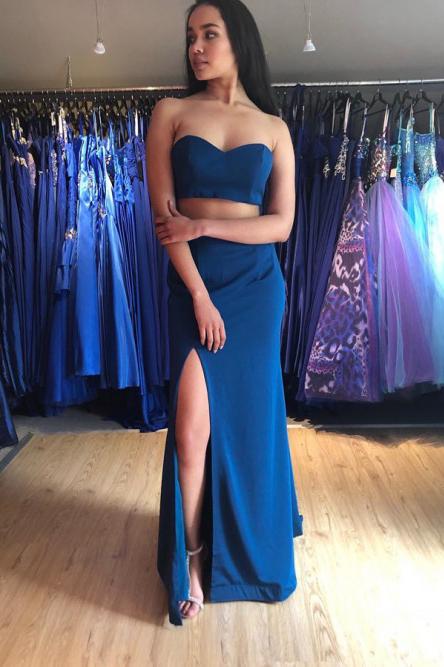 Two Piece Mermaid Sweetheart Royal Blue Prom Dress with Split DMN13