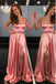 A-Line Spaghetti Straps Sweep Train Pink Prom Dress with Split DMN18