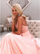 A-Line Halter Backless Sweep Train Pink Prom Dress with Appliques DMN21