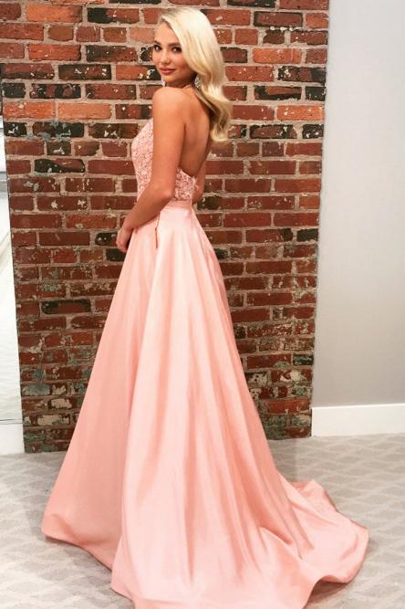 A-Line Halter Backless Sweep Train Pink Prom Dress with Appliques DMN21