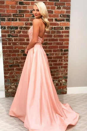 A-Line Halter Backless Sweep Train Pink Prom Dress with Appliques DMN21