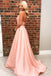 A-Line Halter Backless Sweep Train Pink Prom Dress with Appliques DMN21