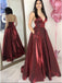 Simple A-Line Spaghetti Straps Floor-Length Burgundy Prom Dress with Pockets DMN22