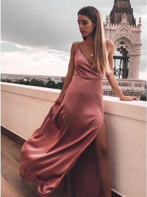 Sheath Spaghetti Straps Floor-Length Blush Prom Dress with Split DMN23