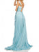 A-Line V-Neck Lace Up Light Blue Long Prom Dress with Beading Split DMN24