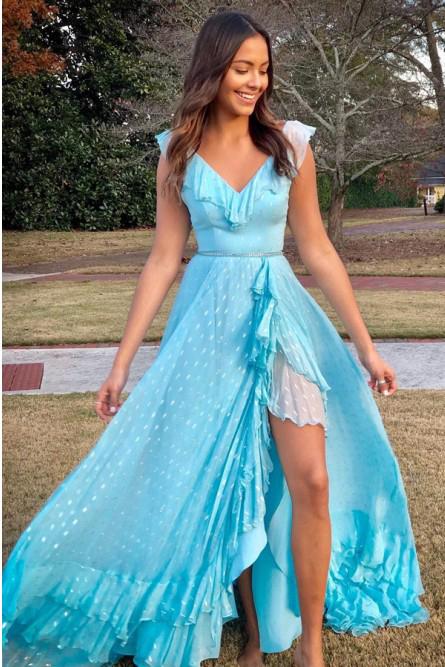 A-Line V-Neck Lace Up Light Blue Long Prom Dress with Beading Split DMN24