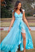 A-Line V-Neck Lace Up Light Blue Long Prom Dress with Beading Split DMN24
