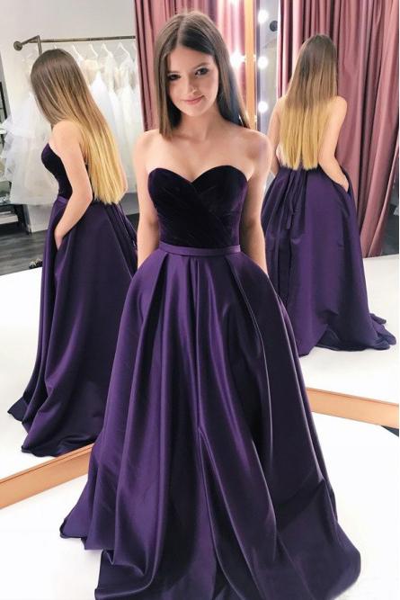 A-Line Sweetheart Sweep Train Purple Prom Dress with Pockets DMN25
