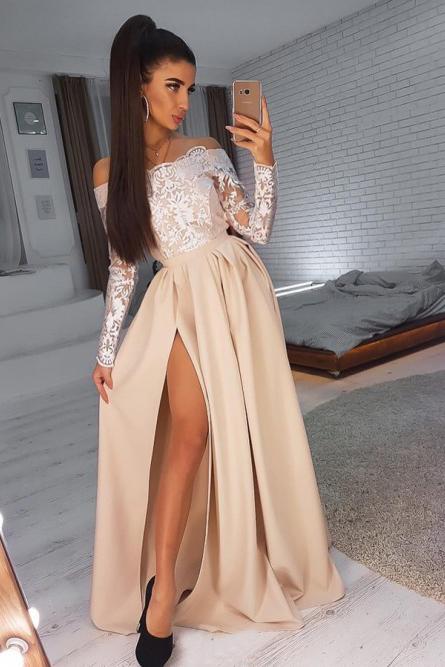 A-Line Off-the-Shoulder Long Sleeves Prom Dress with Lace Appliques Split DMN26