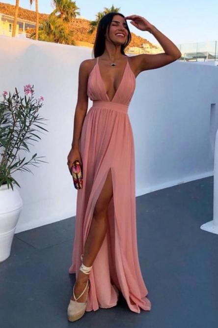 A-Line Deep V-Neck Floor-Length Pink Chiffon Prom Dress with Split DMN27