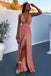 A-Line Deep V-Neck Floor-Length Pink Chiffon Prom Dress with Split DMN27
