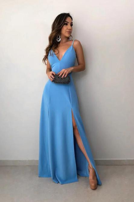 A-Line Spaghetti Straps Floor-Length Sky Blue Prom Dress with Split DMN30