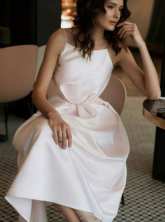 Spaghetti Straps White Prom Dress with Pockets Tea-Length Party Dress DML72