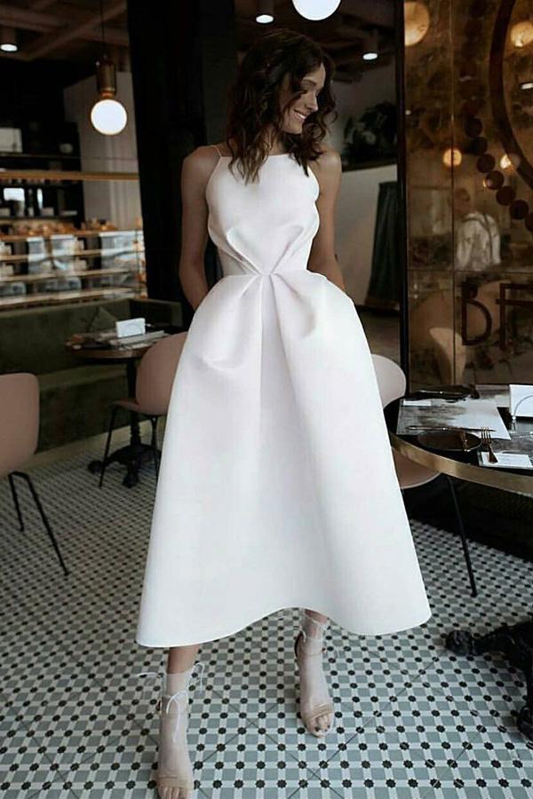 Spaghetti Straps White Prom Dress with Pockets Tea-Length Party Dress DML72
