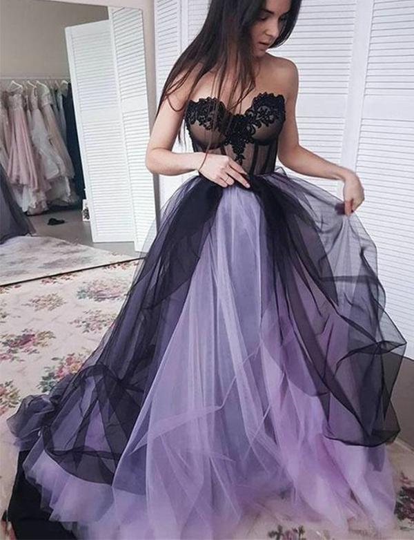 New Arrival Sweetheart Long Tulle Sleeveless Lilac Black Prom Dress with Appliques DMH42