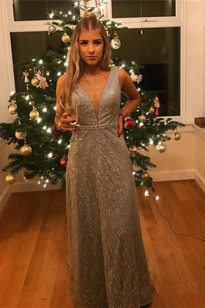 Popular V-Neck Long Silver Prom Dress with Beading Sequin Evening Dress DMS76