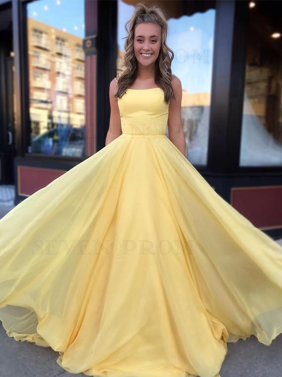 Yellow Long Chiffon A Line Prom Dresses 2020 with Lace Up Back DMS51