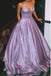 A-Line Spaghetti Straps Long Prom Dress Glitter Lilac Evening Dress DMQ89