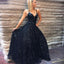A Line Spaghetti Straps Floor Length Navy Sequined Prom Dress DMQ61