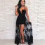 A Line Spaghetti Strap Black High Low Prom Dress With Lace DMQ62