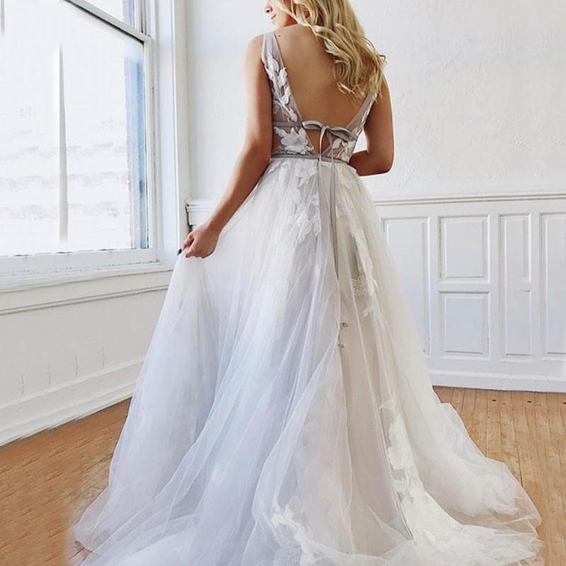 A Line Deep V-Neck Backless White Tulle Prom Dress With Appliques DMQ63