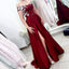 A Line Off the Shoulder Short Sleeves Burgundy Satin Prom Dress With Split DMQ64