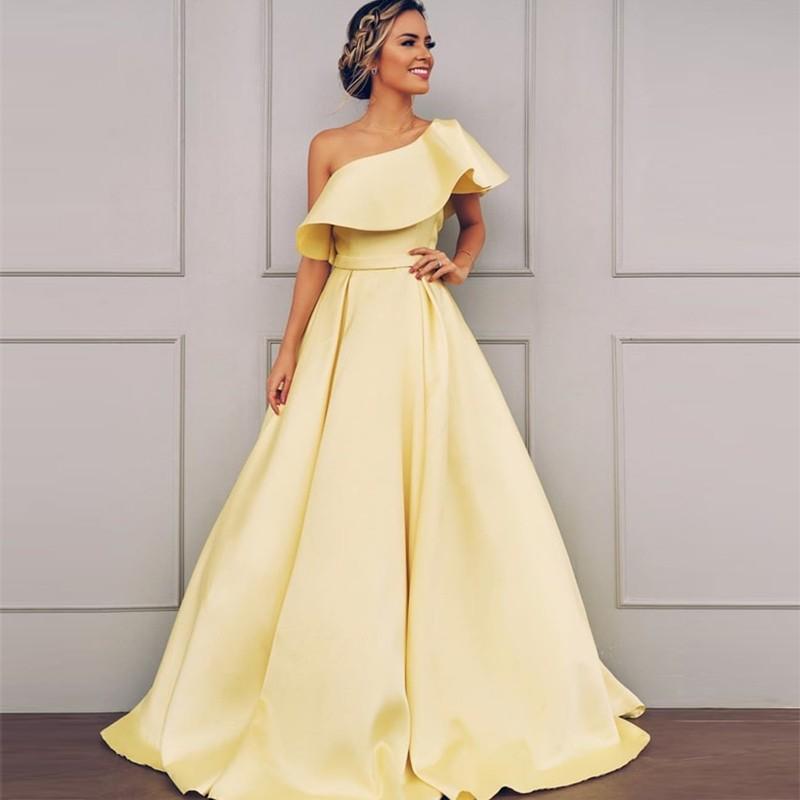 A Line One Shoulder Satin Yellow Simple Prom Dress With Ruched DMK71