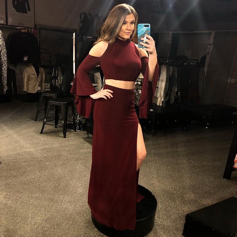 Two Piece Mermaid Cold Shoulder Long Sleeves Burgundy Prom Dress With Split DMQ54