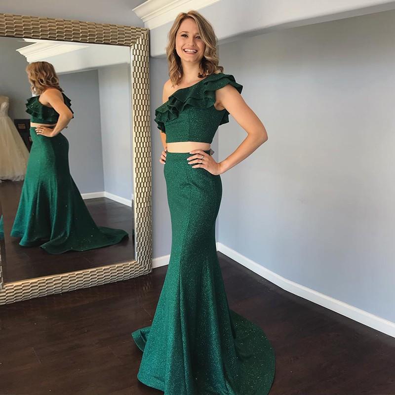 Cheap Two Pieces Mermaid One Shoulde Green Prom Dress With Ruffles DMK69