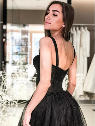 A-Line Spaghetti Straps Long Prom Dress Sleeveless Black Evening Dress DMS78