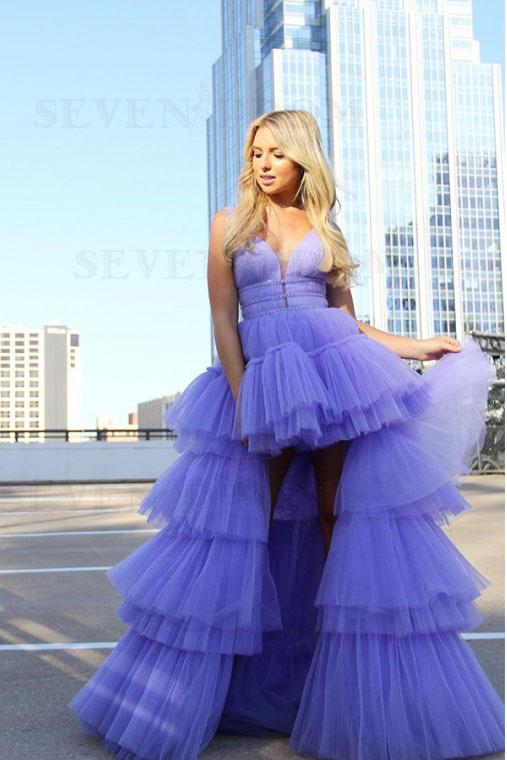 Lavender High Low Layers Tulle A Line Prom Dress with Beading DMS77