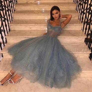 A Line Spaghetti Straps Tea Length Dusty Blue Tulle Prom Dress DMS69