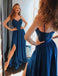 A Line Spaghetti Blue Prom Dresses, Long Split Cheap Evening Dress DMI87